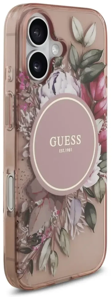 Guess IML Flowers Strap MagSafe dėklas, skirtas iPhone 17, rožinis