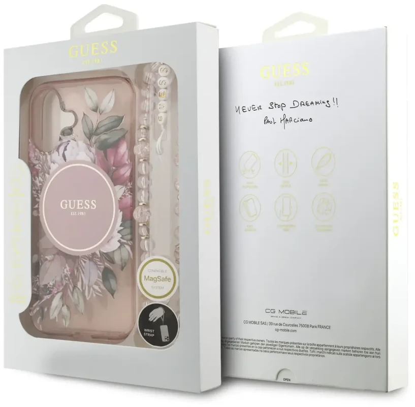 Guess IML Flowers Strap MagSafe dėklas, skirtas iPhone 17, rožinis