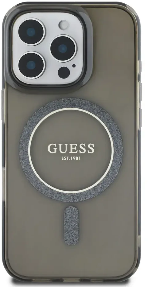 Guess IML Glitter Ring MagSafe Apple iPhone 16 Pro Max dėklas telefonui juodos spalvos
