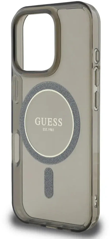 Guess IML Glitter Ring MagSafe Apple iPhone 16 Pro Max dėklas telefonui juodos spalvos