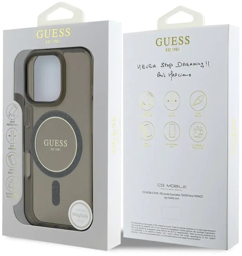 Guess IML Glitter Ring MagSafe Apple iPhone 16 Pro Max dėklas telefonui juodos spalvos
