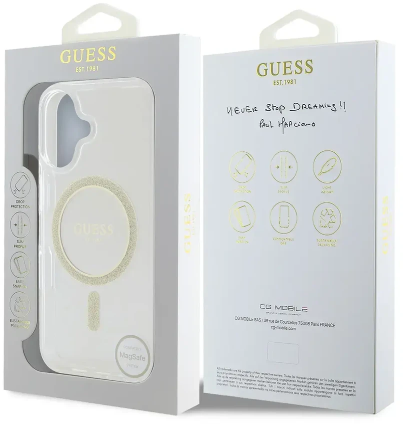 Guess GUHMP16MHFGERET Apple iPhone 16 Plus 6.7″ skaidrus kietas dėklas IML Glitter Circle