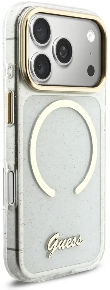 Guess IML Glitter Script Strap MagSafe dėklas skirtas iPhone 17 Pro Max Transparent