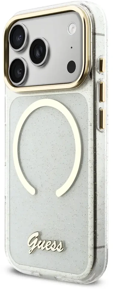 Guess IML Glitter Script Strap MagSafe dėklas skirtas iPhone 17 Pro Max Transparent