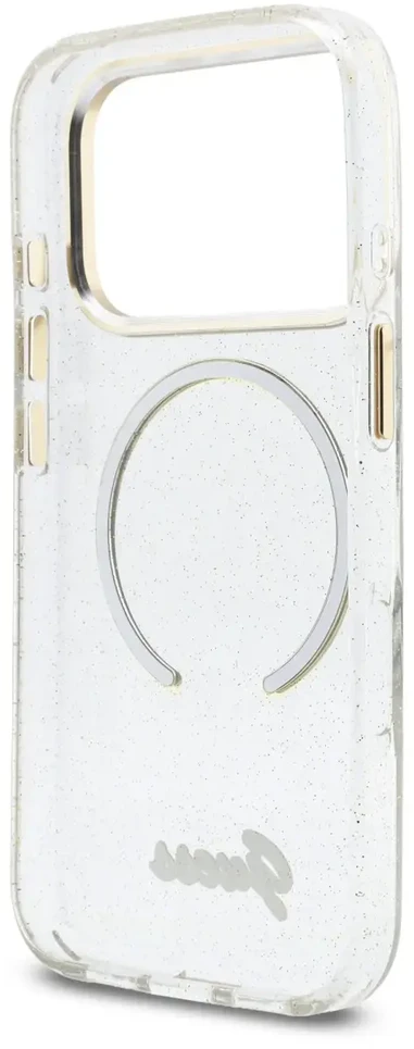 Guess IML Glitter Script Strap MagSafe dėklas skirtas iPhone 17 Pro Max Transparent