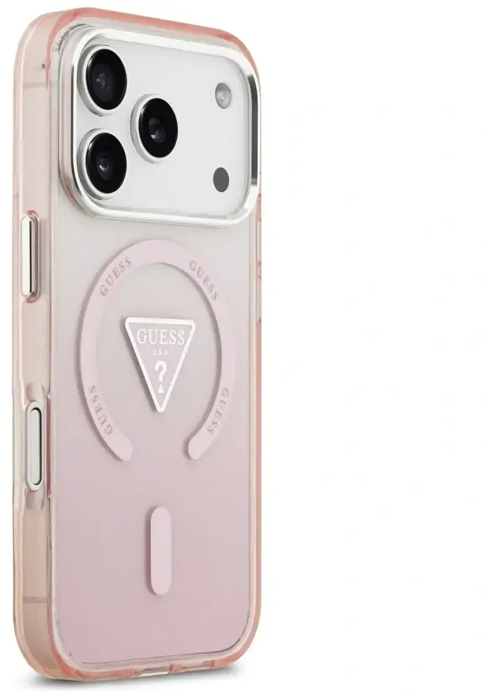 GUESS dėklas, skirtas IPHONE 17 Pro, suderinamas su MagSafe GUHMP17LHGTMLCGP (IML gradientas su trikampio logotipu), rožinis