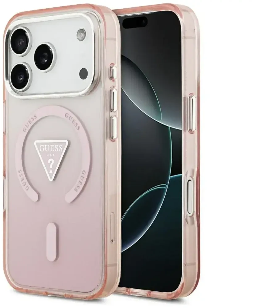 GUESS dėklas, skirtas IPHONE 17 Pro, suderinamas su MagSafe GUHMP17LHGTMLCGP (IML gradientas su trikampio logotipu), rožinis