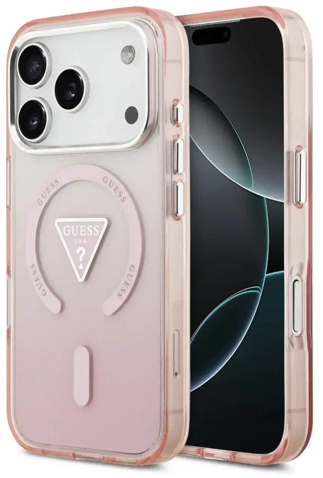 GUESS dėklas, skirtas IPHONE 17 Pro, suderinamas su MagSafe GUHMP17LHGTMLCGP (IML gradientas su trikampio logotipu), rožinis