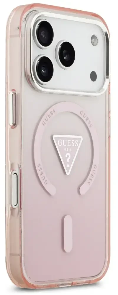 GUESS dėklas, skirtas IPHONE 17 Pro, suderinamas su MagSafe GUHMP17LHGTMLCGP (IML gradientas su trikampio logotipu), rožinis