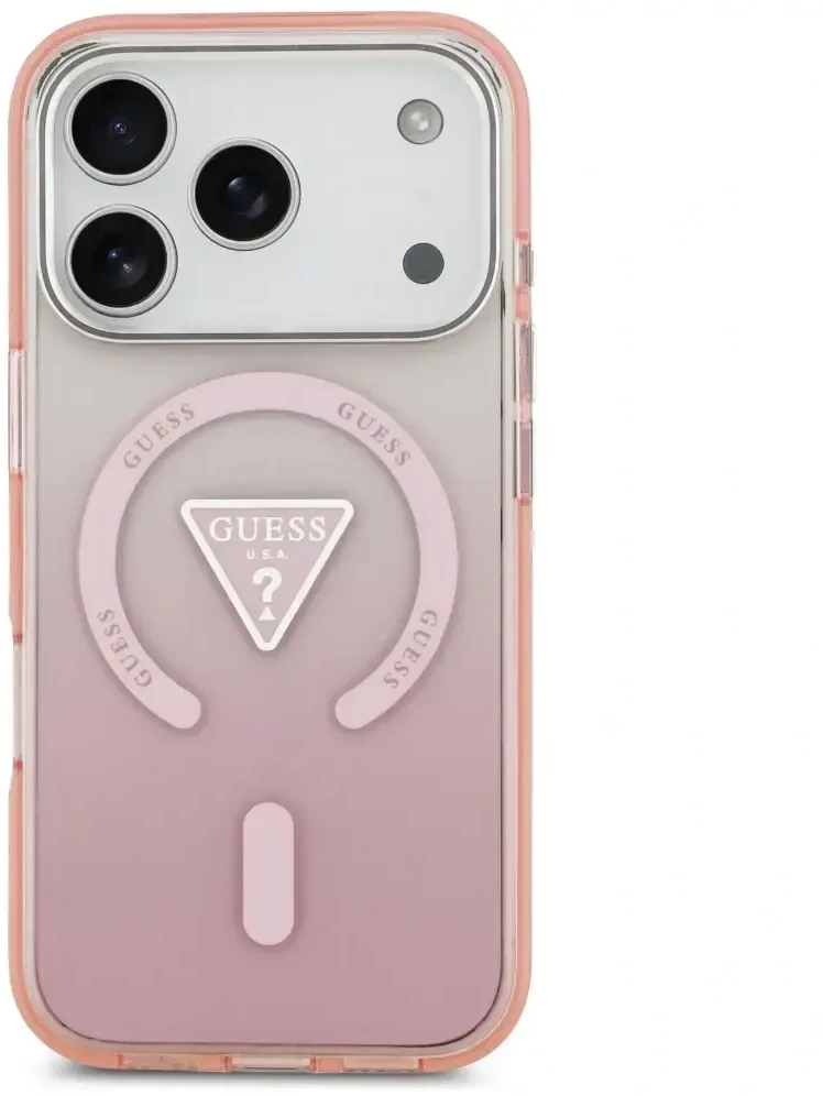 GUESS dėklas, skirtas IPHONE 17 Pro, suderinamas su MagSafe GUHMP17LHGTMLCGP (IML gradientas su trikampio logotipu), rožinis