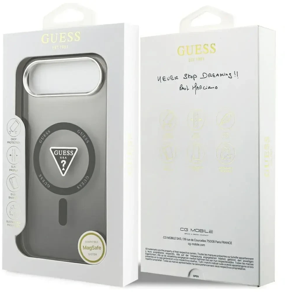 GUESS dėklas, skirtas IPHONE 17 Air, suderinamas su MagSafe GUHMP17MHGTMLCGK (IML gradientas su trikampio logotipu), juodas