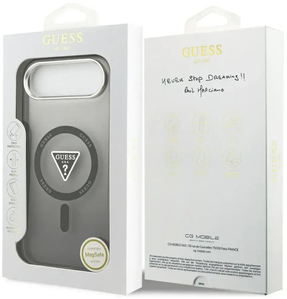 GUESS dėklas, skirtas IPHONE 17 Air, suderinamas su MagSafe GUHMP17MHGTMLCGK (IML gradientas su trikampio logotipu), juodas
