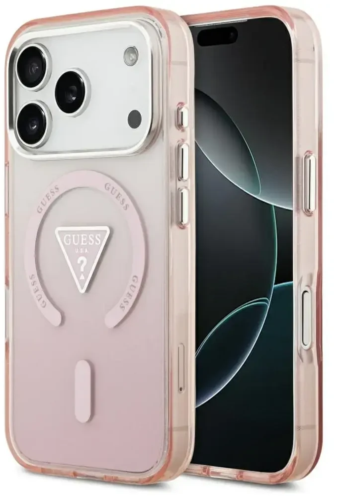 GUESS dėklas, skirtas IPHONE 17 Pro, suderinamas su MagSafe GUHMP17LHGTMLCGP (IML gradientas su trikampio logotipu), rožinis