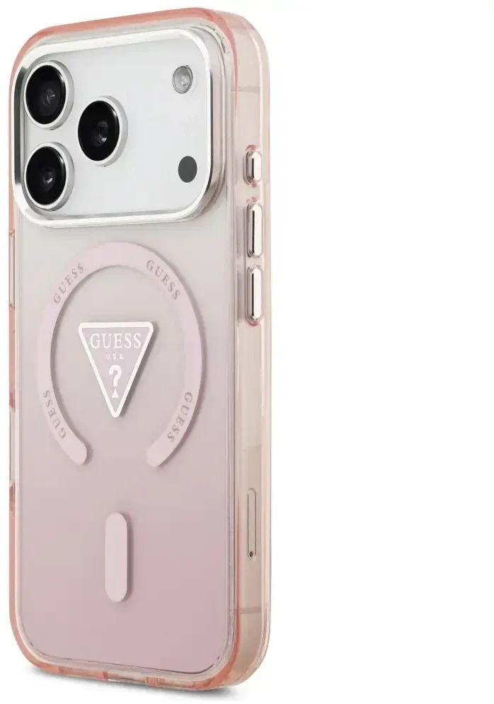 GUESS dėklas, skirtas IPHONE 17 Pro, suderinamas su MagSafe GUHMP17LHGTMLCGP (IML gradientas su trikampio logotipu), rožinis
