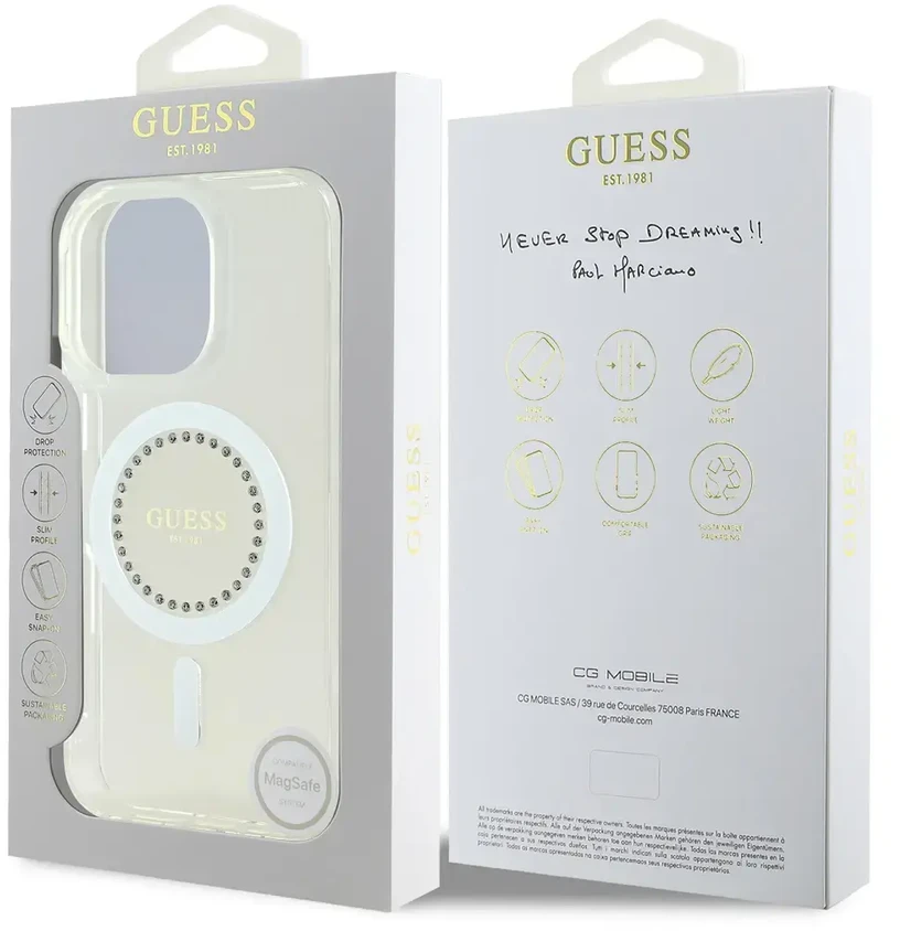 Guess GUHMP16LPFTDTEH Apple iPhone 16 Pro 6.3″ baltos spalvos kietas dėklas IML Rhinestones MagSafe