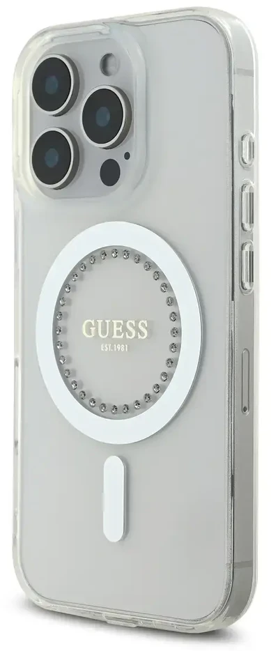 Guess GUHMP16LPFTDTEH Apple iPhone 16 Pro 6.3″ baltos spalvos kietas dėklas IML Rhinestones MagSafe
