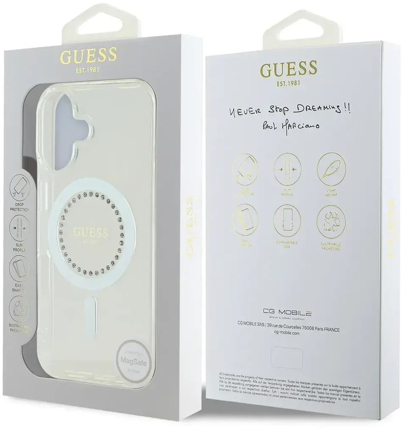 Guess GUHMP16SPFTDTEH Apple iPhone 16 6.1″ baltos spalvos kietas dėklas IML Rhinestones MagSafe