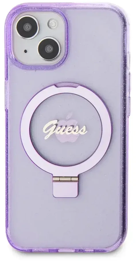 Guess GUHMP15MHRSGSU Apple iPhone 15 Plus/ 14 Plus 6.7″ violetinės spalvos kietas dėklas Ring Stand Script Glitte