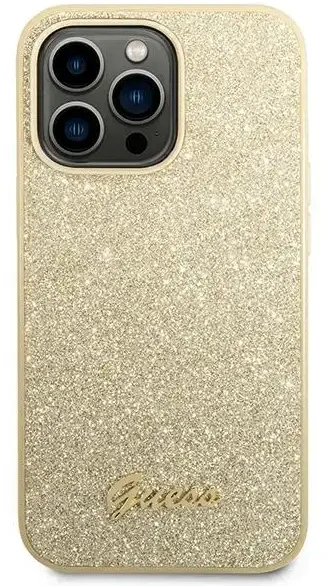 Guess GUHCP14LHGGSHD Apple iPhone 14 Pro 6,1″ auksinis kietas dėklas Glitter Script