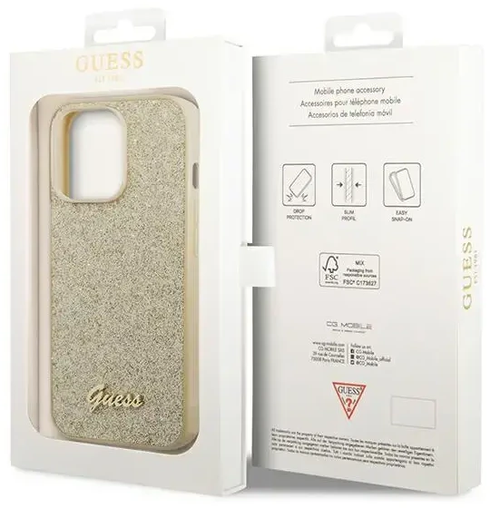 Guess GUHCP14LHGGSHD Apple iPhone 14 Pro 6,1″ auksinis kietas dėklas Glitter Script