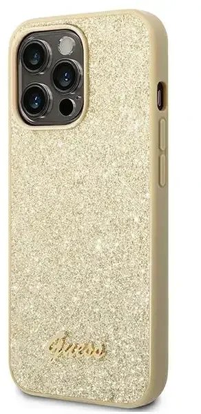 Guess GUHCP14LHGGSHD Apple iPhone 14 Pro 6,1″ auksinis kietas dėklas Glitter Script