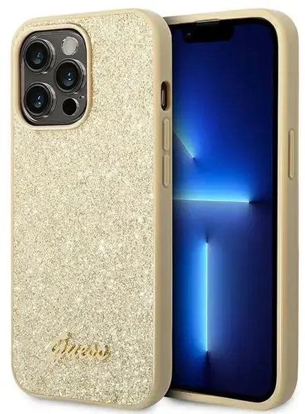 Guess GUHCP14LHGGSHD Apple iPhone 14 Pro 6,1″ auksinis kietas dėklas Glitter Script