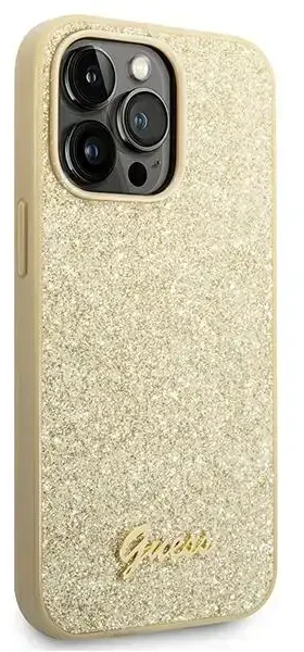 Guess GUHCP14LHGGSHD Apple iPhone 14 Pro 6,1″ auksinis kietas dėklas Glitter Script