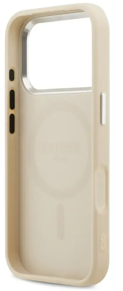 Guess Peony Hot Stamp Script MagSafe dėklas skirtas Apple iPhone 17 Pro rusvai gelsvas