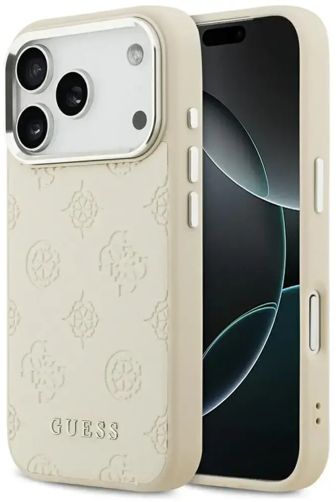 Guess Peony Hot Stamp Script MagSafe dėklas skirtas Apple iPhone 17 Pro rusvai gelsvas