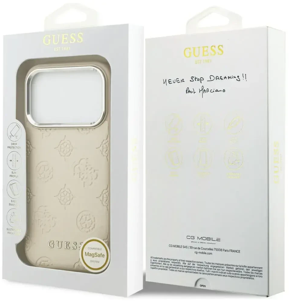 Guess Peony Hot Stamp Script MagSafe dėklas skirtas Apple iPhone 17 Pro rusvai gelsvas