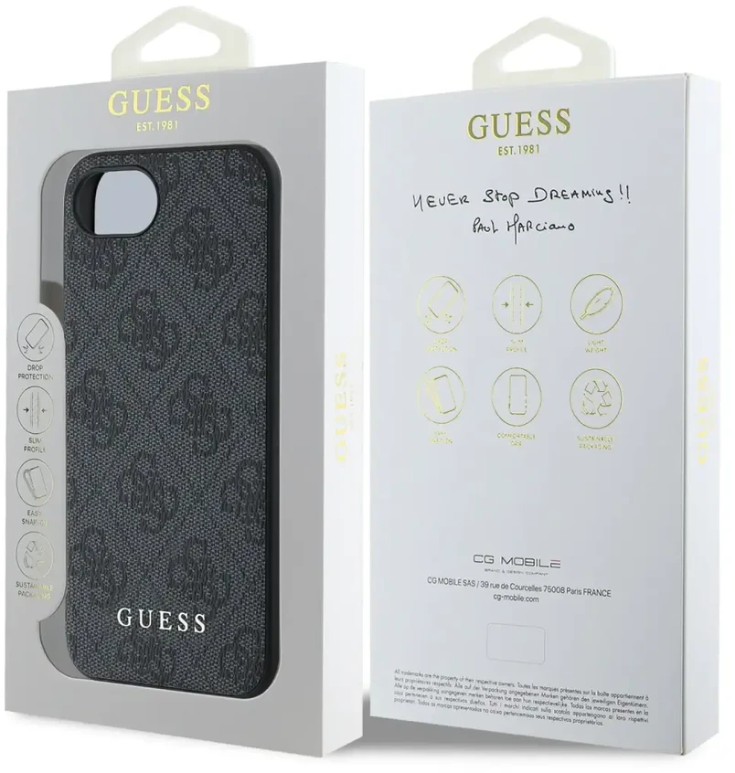Guess 4G Charm dėklas skirtas Apple iPhone 16e Tone on Tone Pilkas