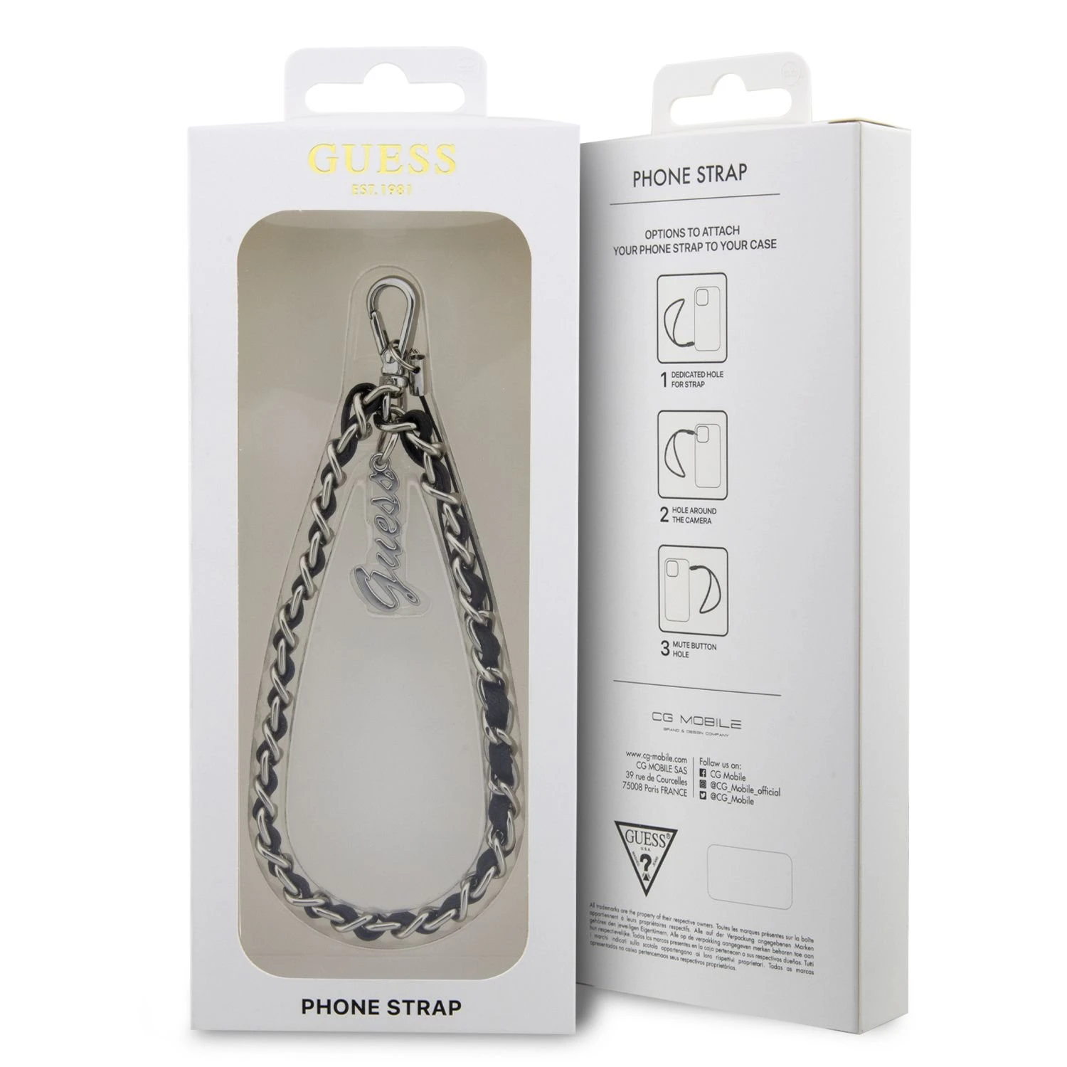 Guess GUSTSASSK virvelė telefonui juodos spalvos Chain Metal Logo Charm