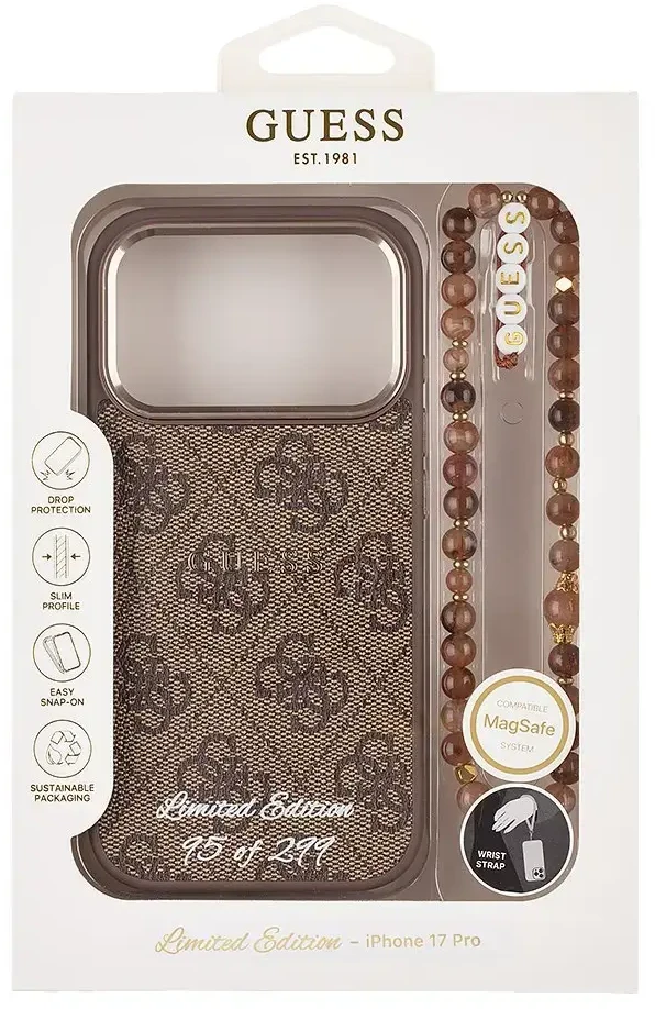 Guess PU 4G MagSafe Strap Limited Edition of 299 dėklas skirtas Apple iPhone 17 Pro rudos spalvos