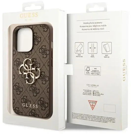 Guess PU 4G metalinio logotipo dėklas iPhone 14 Pro, rudas