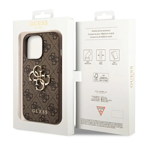 iPhone 14 Pro Guess dėklas 4G Big Metal Logo rudos spalvos