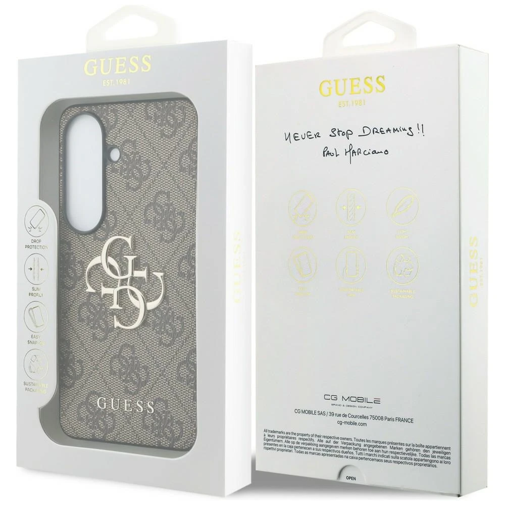 Guess PU 4G Metal Logo dėklas skirtas Samsung Galaxy S26 rudos spalvos