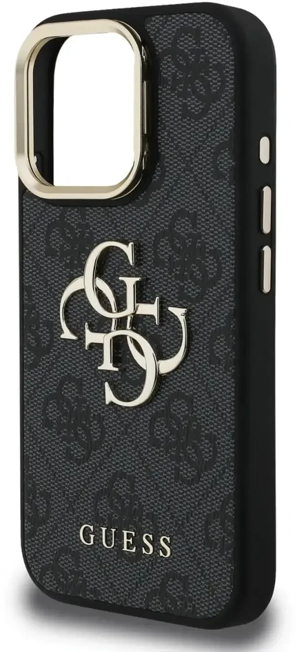Guess PU 4G Metal Logo Stand Camera Frame dėklas skirtas Apple iPhone 16 Pro juodos spalvos
