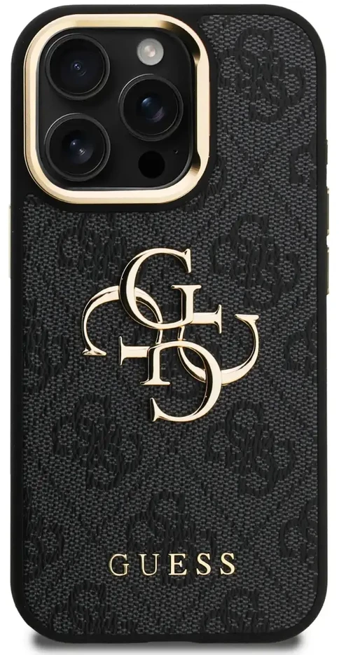 Guess PU 4G Metal Logo Stand Camera Frame dėklas skirtas Apple iPhone 15 Pro juodos spalvos