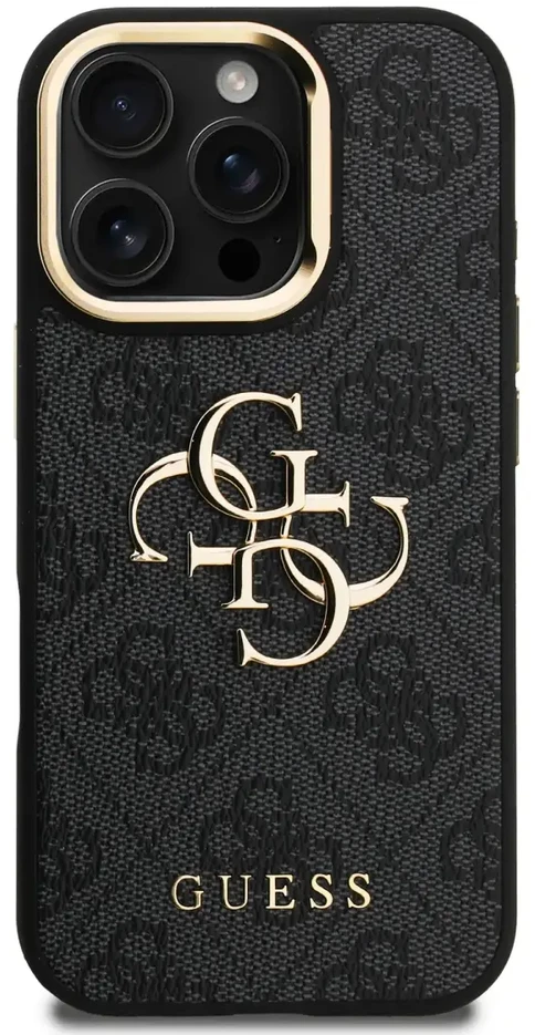 Guess PU 4G Metal Logo Stand Camera Frame dėklas skirtas Apple iPhone 16 Pro juodos spalvos