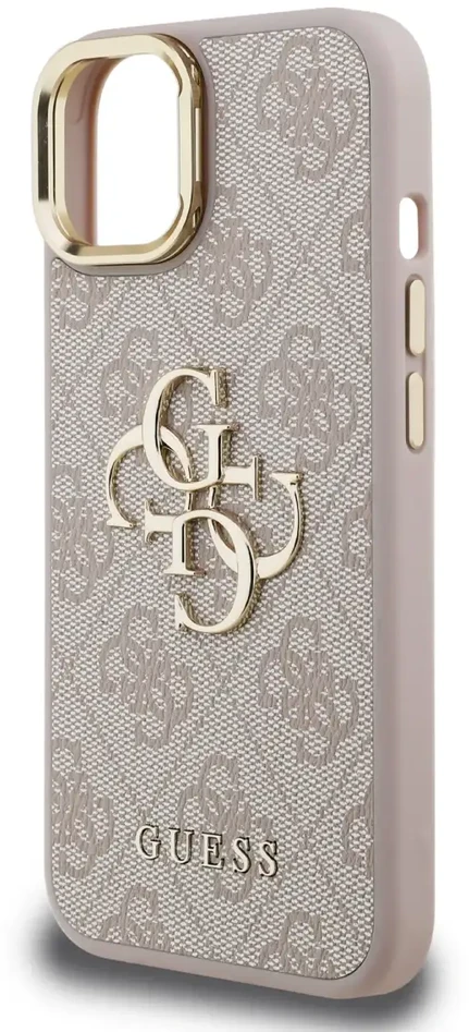 Guess PU 4G Metal Logo Stand Camera Frame dėklas skirtas Apple iPhone 15 rožinės spalvos