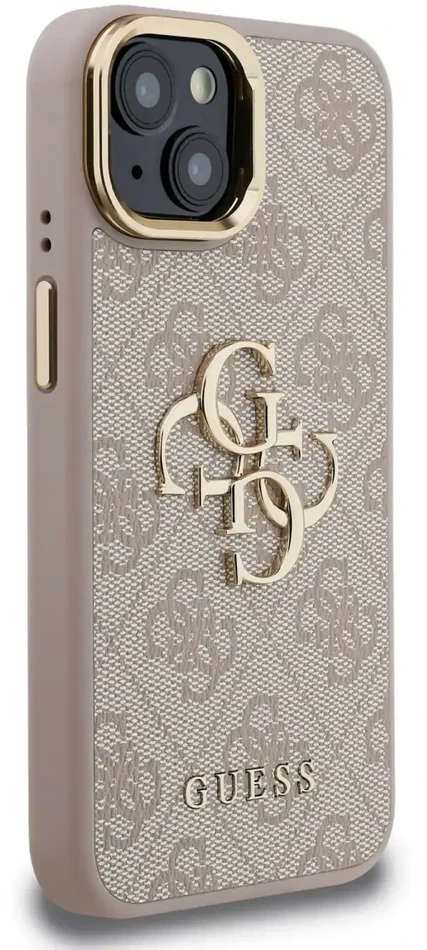 Guess PU 4G Metal Logo Stand Camera Frame dėklas skirtas Apple iPhone 15 rožinės spalvos