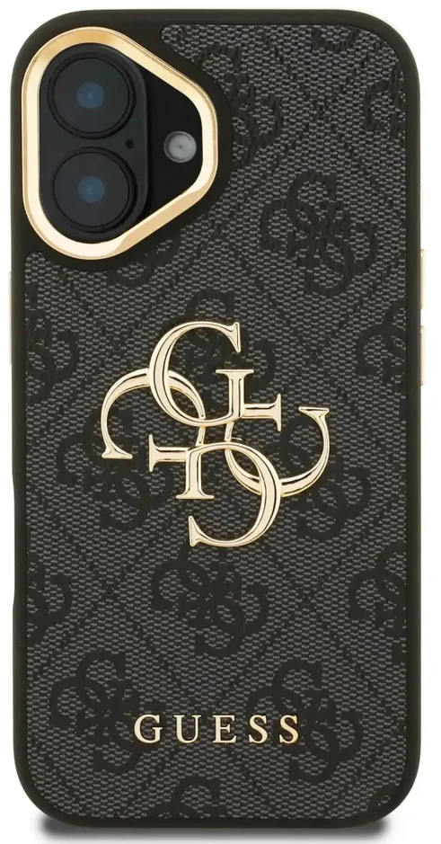 Guess PU 4G Metal Logo Stand Camera Frame dėklas skirtas Apple iPhone 16 juodos spalvos