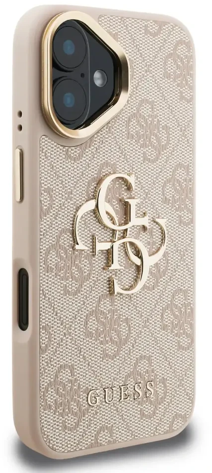 Guess PU 4G Metal Logo Stand Camera Frame dėklas skirtas Apple iPhone 16 rožinės spalvos