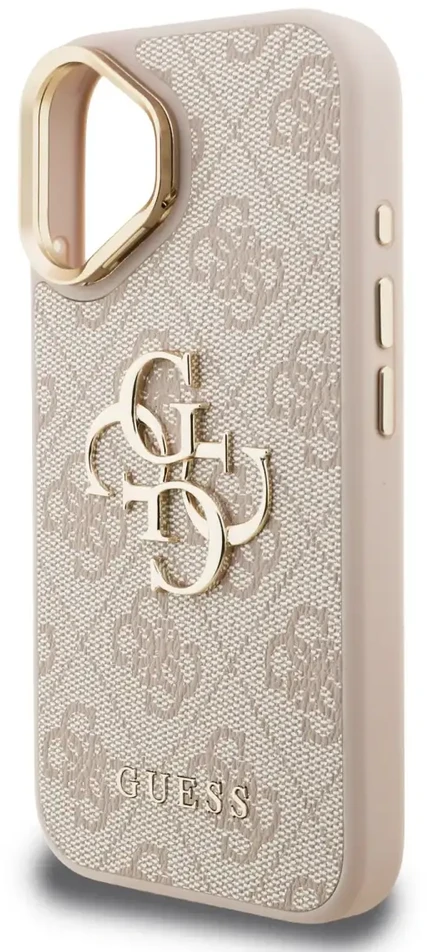 Guess PU 4G Metal Logo Stand Camera Frame dėklas skirtas Apple iPhone 16 rožinės spalvos