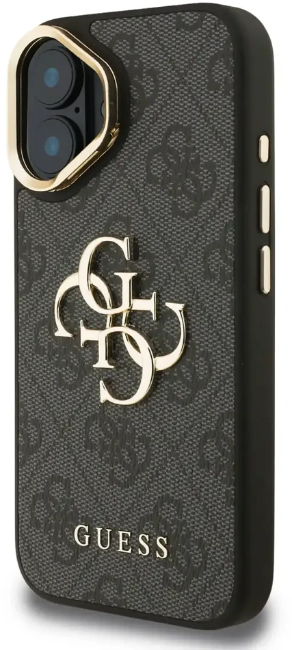 Guess PU 4G Metal Logo Stand Camera Frame dėklas skirtas Apple iPhone 16 juodos spalvos