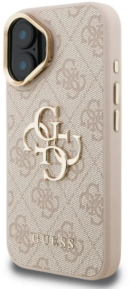 Guess PU 4G Metal Logo Stand Camera Frame dėklas skirtas Apple iPhone 16 rožinės spalvos
