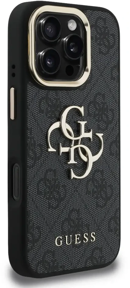 Guess PU 4G Metal Logo Stand Camera Frame dėklas skirtas Apple iPhone 16 Pro juodos spalvos