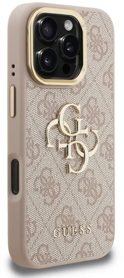 Guess PU 4G Metal Logo Stand Camera Frame dėklas skirtas Apple iPhone 16 Pro rožinės spalvos
