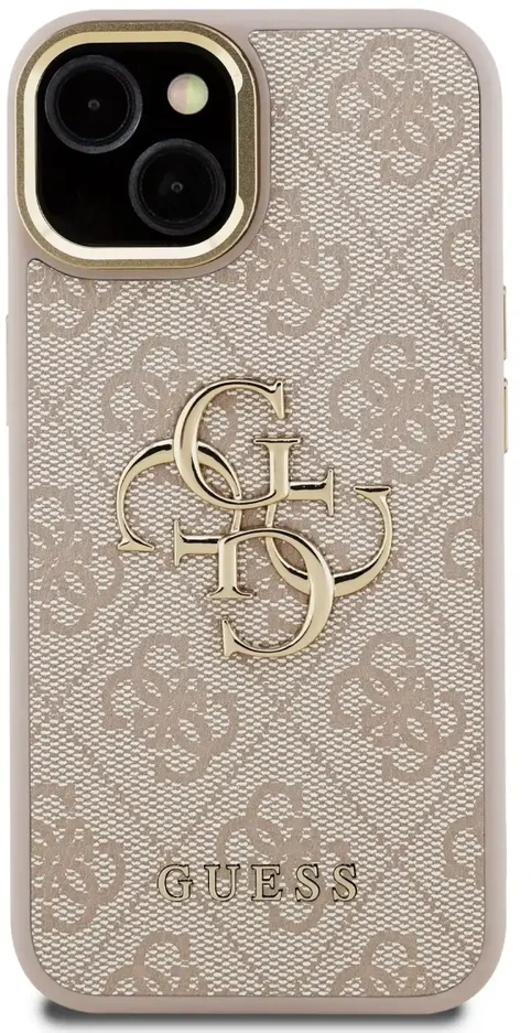 Guess PU 4G Metal Logo Stand Camera Frame dėklas skirtas Apple iPhone 15 rožinės spalvos