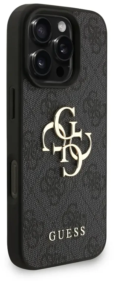 Guess PU 4G Metal Logo Strap dėklas skirtas Apple iPhone 16 Pro Max juodos spalvos